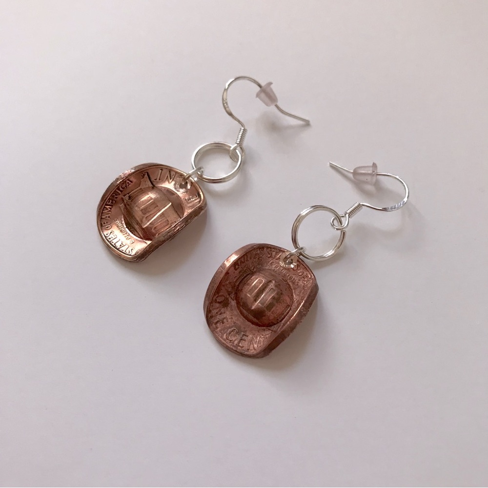 Handcrafted Rodeo Western Cowgirl Hat 1 Cent Penny Coin Pierced Drop Earrings